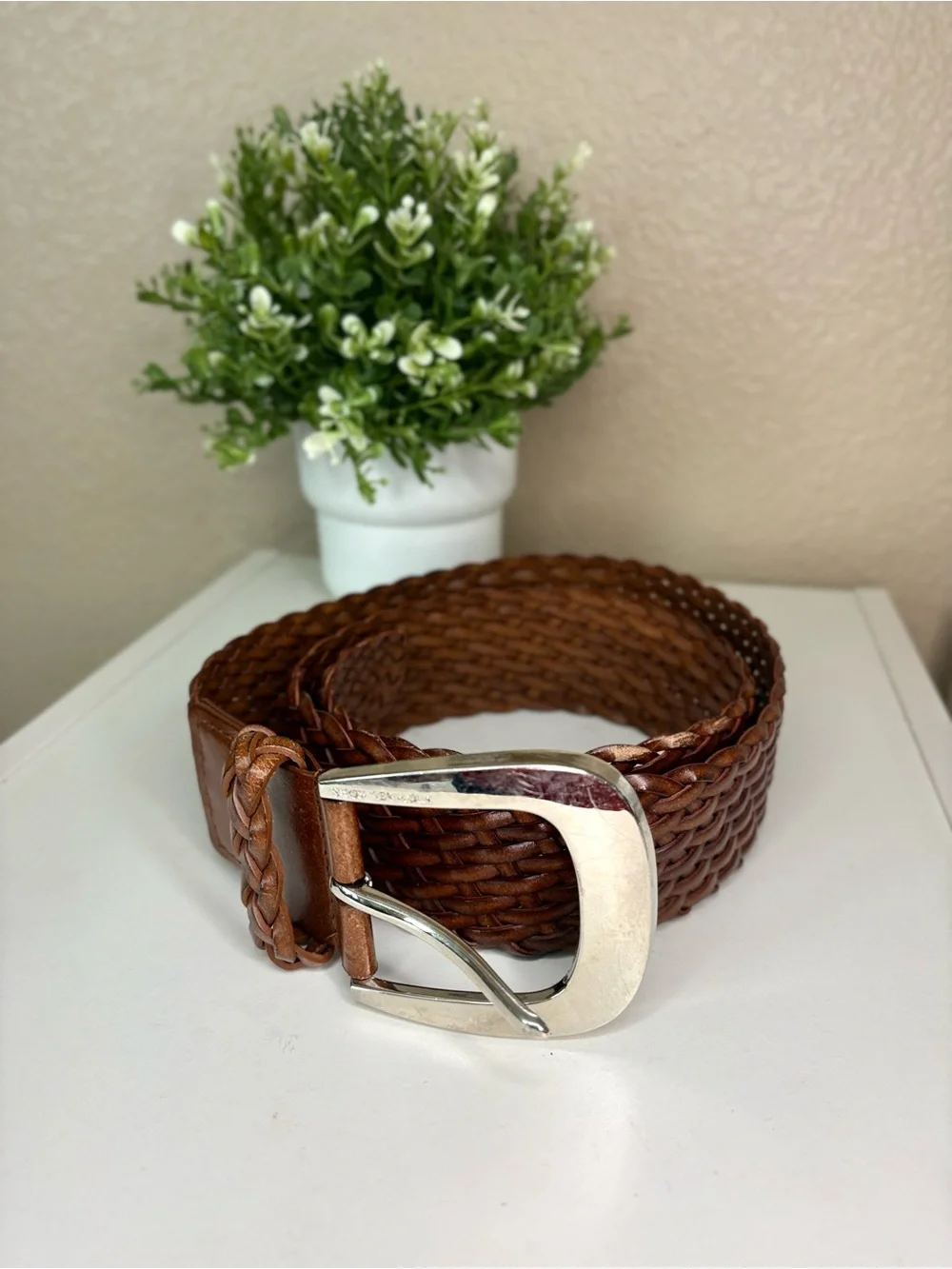 Michael Kors Brown Woven Leather Belt Silver Buckle Size Large
